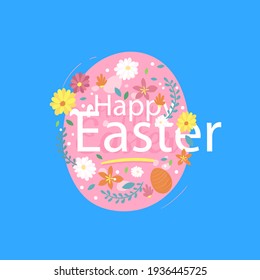 Easter greeting card with eggs, flowers and branches. Perfect for spring holidays. Vector illustration