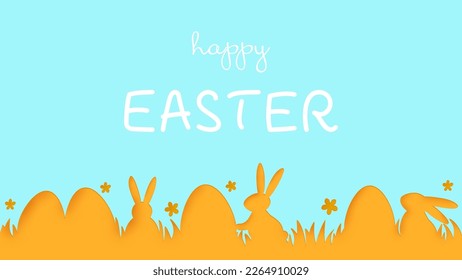 Easter greeting card with eggs and flowers. Paper cut style design. Vector illustration