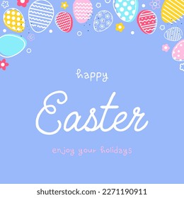Easter greeting card with eggs and flowers. Minimal design with text. Vector illustration