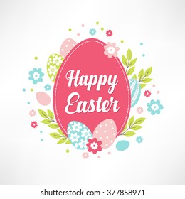 Easter greeting card with eggs, flowers and branches. Perfect for spring holidays. Vector illustration