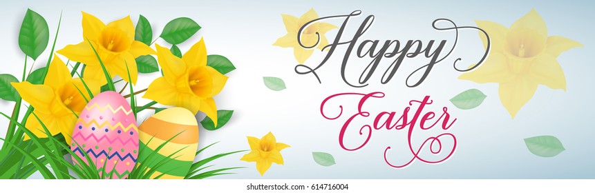 Easter greeting card with eggs and flowers