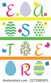 Easter greeting card. Easter eggs with geometric patterns, hans drawn flowers and butterflies. Vector illustration.