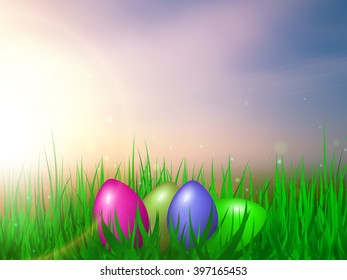 Easter greeting card with easter eggs in grass. Vector illustration