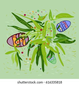 Easter greeting card with eggs in grass.