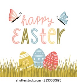Ostergrußkarte mit Ostereiern mit handgezeichnetem Muster, Schmetterlingen und einem handgeschriebenen Satz - Frohe Ostern. Eier liegen im Gras. Farbenkartoon, Vektorgrafik auf weißem Hintergrund.