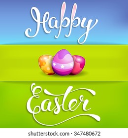 Easter greeting card with Easter eggs and handwritten text "Happy Easter". Vector illustration for  posters,   greeting cards, print and web projects.