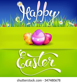 Easter greeting card with Easter eggs and handwritten text "Happy Easter". Vector illustration for  posters,   greeting cards, print and web projects.