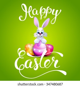 Easter greeting card with Easter eggs and handwritten text "Happy Easter". Vector illustration for  posters,   greeting cards, print and web projects.