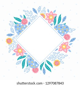 Easter greeting card with eggs, leaves, branches, narcissus, flowers and rhombus label on white background. Perfect for spring invitation 
