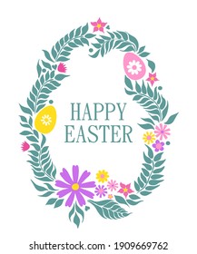 Easter greeting card. Easter eggs, leaves and flowers. Inscription Happy Easter on white background