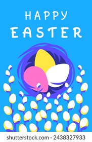 Easter greeting card, easter eggs in nest behind willows twigs. Vector illustration in minimalist flat style. Perfect for spring poster, print, card, invitation, greeting, tag