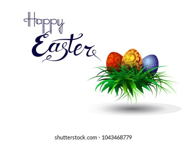 Easter greeting card with eggs on grass and handwritten inscription Happy Easter. Vector illustration.