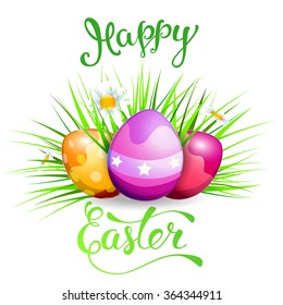 Easter greeting card with Easter eggs and original handwritten text Happy Easter. Vector illustration for posters, greeting cards, print and web projects.