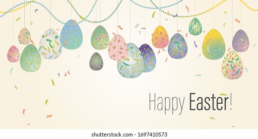 Easter greeting card with eggs in plant ornaments. Vector illustrations for a poster, card, invitation or banner. Illustration in soft pastel color. Happy Easter