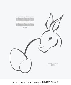 Easter greeting card with eggs and rabbit. Hand drawn illustration. 