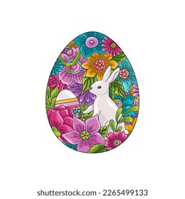 Easter greeting card. Easter eggs, rabbit, leaves and flowers on white background
