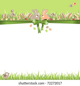 Easter greeting card with eggs, rabbits and grass