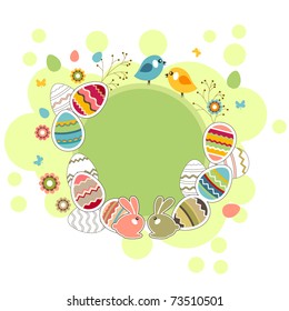 Easter greeting card with eggs and rabbits
