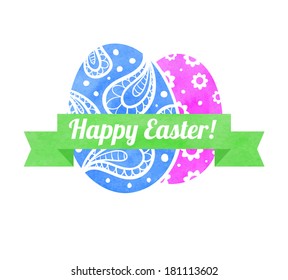 Easter greeting card. Eggs with ribbon on white background. Watercolor style. Vector illustration