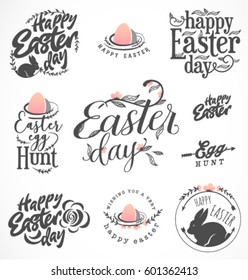 Easter Greeting Card Elements, Labels and Badges in Vintage Style. Rose Gold Easter Egg Design Elements