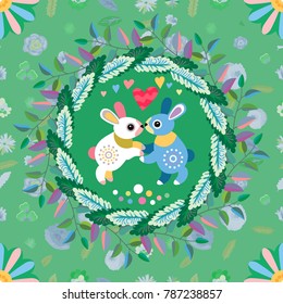 Easter greeting card. Enamored rabbits in a wreath of leaves. Seamless pattern in the background.