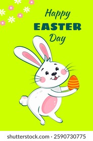 Easter greeting card featuring a cute white bunny holding a decorated egg on a bright green background with floral accents. Perfect for celebrating Easter joy and festivity. Vector art.