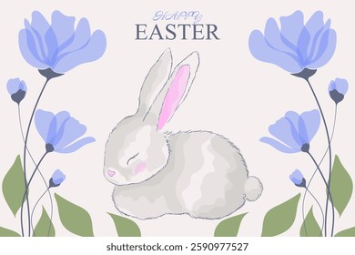 Easter greeting card featuring a sleeping white bunny surrounded by blue flowers and green leaves. The soft pastel colors create a peaceful and festive holiday atmosphere