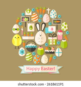 Easter Greeting Card with Flat Icons Set circular shaped. Greeting card Flat styled with shadows