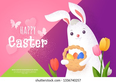 Easter greeting card in flat style with grain texture effect. Cute Easter bunny with a basket of eggs on colorful background. Applicable for web banner, promo poster, invitation. Vector eps 10.