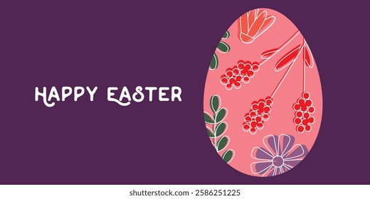 Easter Greeting Card with Floral Decorative Egg and Seasonal Card Design. Illustration of a colorful Easter egg adorned with flowers and plants, set against a vibrant background, perfect for seasonal 