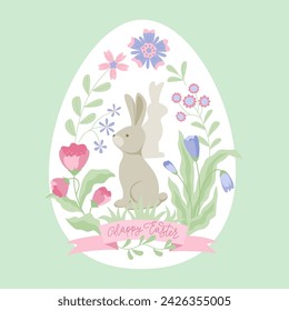 Ostern Grußkarte mit Blumenmuster. Netter Hase im eiförmigen Rahmen. Vektor-Farbdarstellung im flachen Stil mit Schriftzügen.	