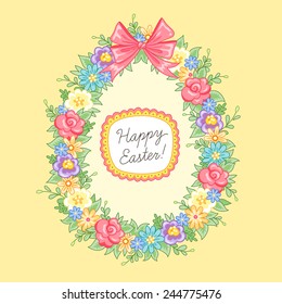 Easter greeting card. Floral frame in the shape of an egg on yellow background