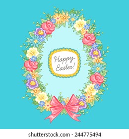 Easter greeting card. Floral frame in the shape of an egg on blue background