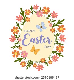 Easter greeting card with floral-decorated egg with butterflies on white isolated background. Elegant soft color illustration in Easter holiday inspired concept. For banners, postcards, invitations.