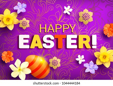 Easter greeting card with flowers and colored egg. Vector illustration.