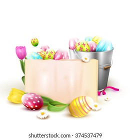 Easter greeting card with flowers, colorful eggs in the bucket and empty paper on white background