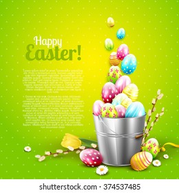 Easter greeting card with flowers and colorful eggs in the bucket