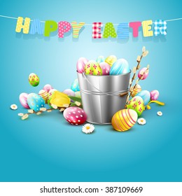 Easter greeting card with flowers and colorful eggs in the bucket
