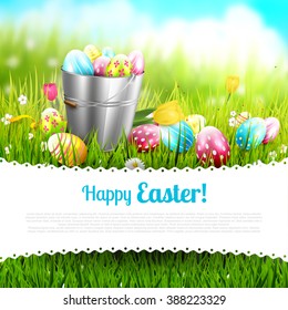 Easter greeting card with flowers and colorful eggs in the bucket and place for your text