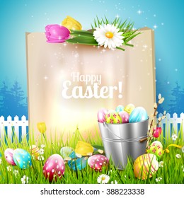 Easter greeting card with flowers and colorful eggs in the bucket and vintage paper