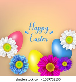  Easter greeting card with flowers, Easter eggs. Vector illustration
