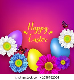 Easter greeting card with flowers, Easter eggs and butterflies on pink background. Vector illustration