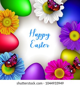 Easter greeting card with flowers, Easter eggs and butterflies on white background. Illustration