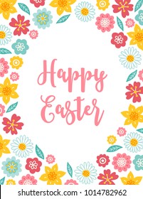 Easter greeting card with flowers and leaves. Floral frame. Perfect for holiday invitation