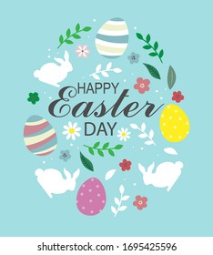 Tarjeta de felicitación de Pascua. Carta con flores, conejo y huevos de Pascua.