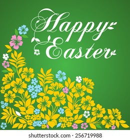 Easter Greeting Card with flowers . Vector illustration for your spring happy holiday design. White and Green color. 