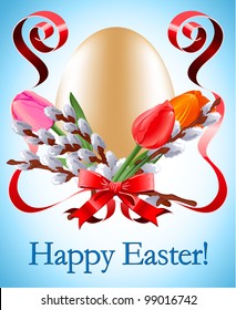 Easter greeting card  with eg and flowers. Vector