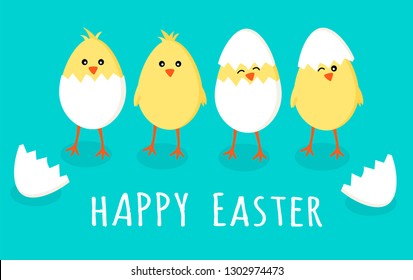 Easter greeting card with four cute little yellow chicks in cracked eggs and egg shell with sign text happy easter, vector graphic illustration. Easter themed, cartoon flat illustration isolated on