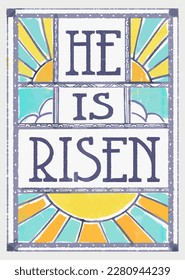 Tarjeta de saludo de Pascua con marco y versículo de la Biblia He Is Risen, sol y nubes, en estilo moderno y sencillo, arte imperfecto dibujado a mano. 