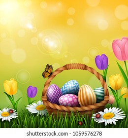 Easter greeting card with a full basket of colorful eggs and flowers in the grass